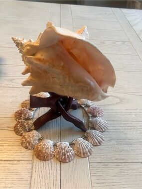 Large Pink Conch Shell Decorative Accent on Stand with Seashell Base